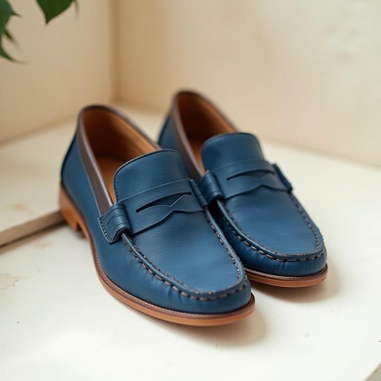 A pair of casual indigo blue leather loafers.