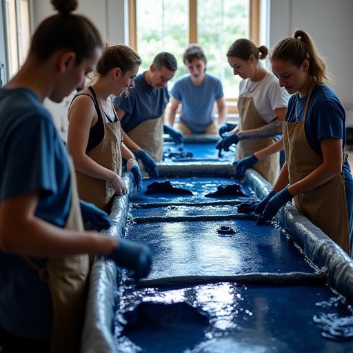 A group of people working together during the indigo dyeing workshop.